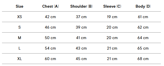 Size guide for women's regular tee with measurements in centimeters